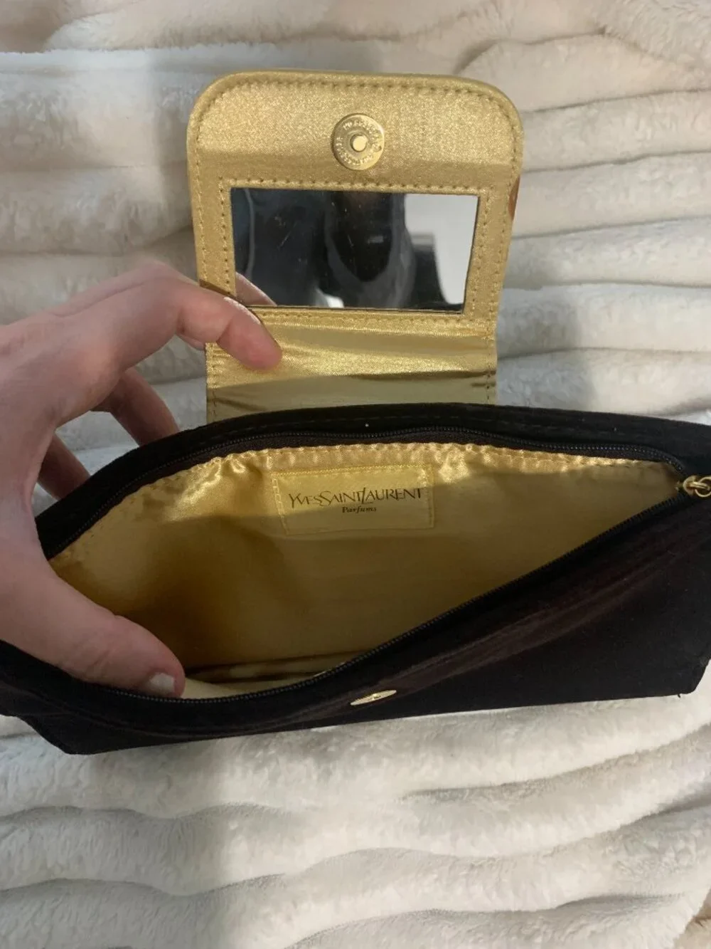 Large Velvet Satin YSL Vintage Clutch Gold Dark Brown - Picture 2 of 5
